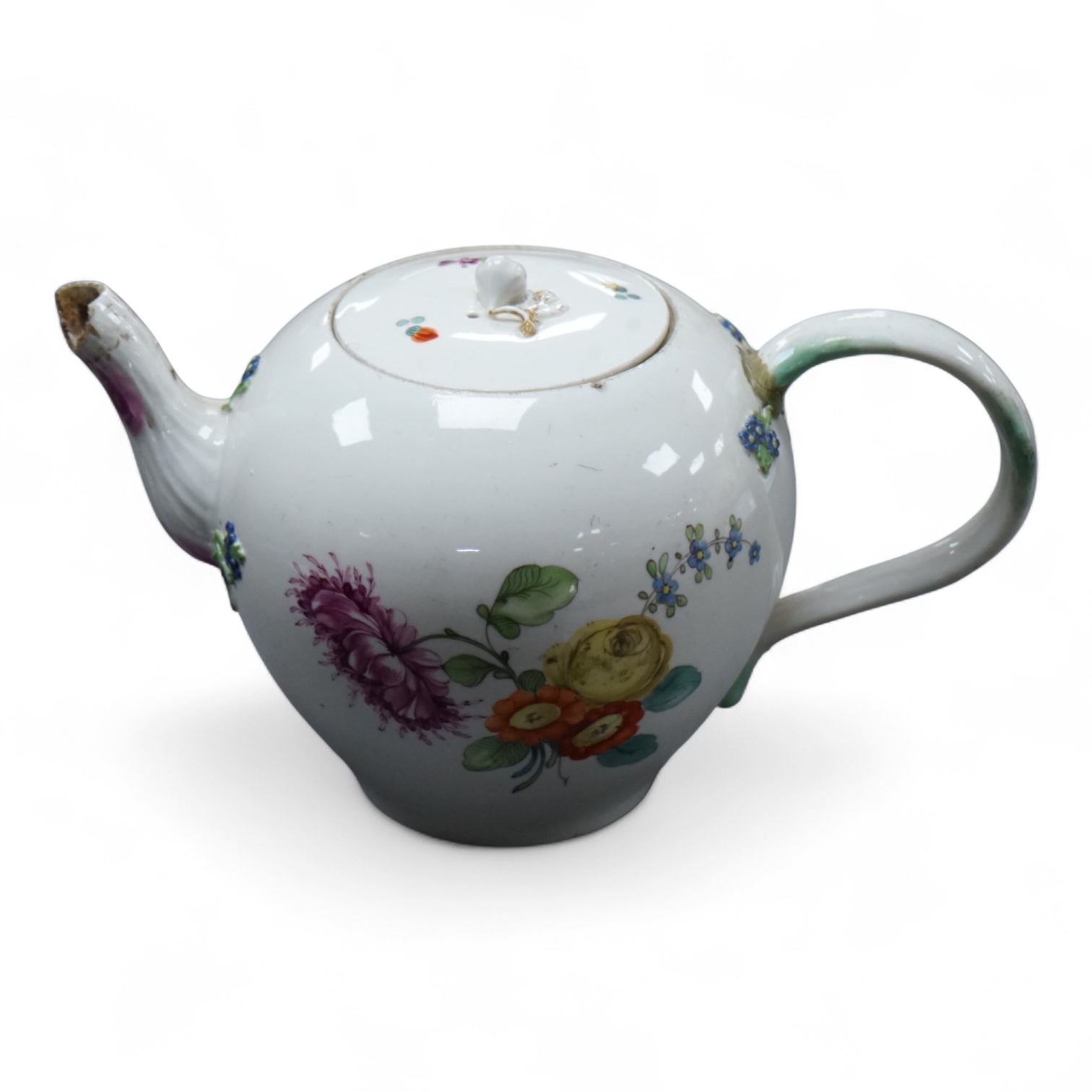 The Hague, a late 18th century soft paste porcelain teapot, painted with polychrome flowers, 12cm high